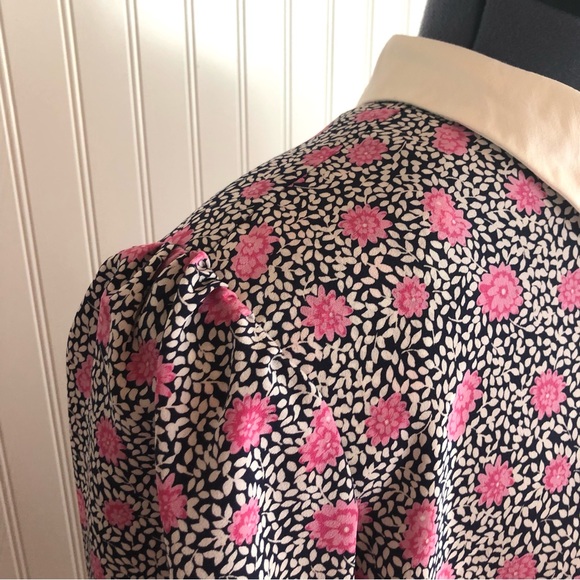 Vintage Pink Rose Patterned Silky Blouse Tunic White Peter Pan Collar Abstract - Picture 7 of 13